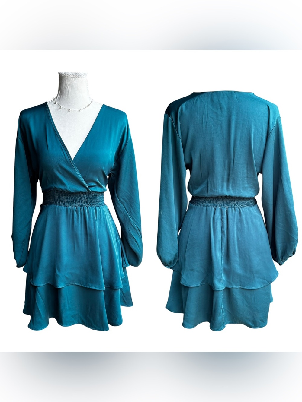 Zara Teal Wrap V-Neck Tiered Mini Dress